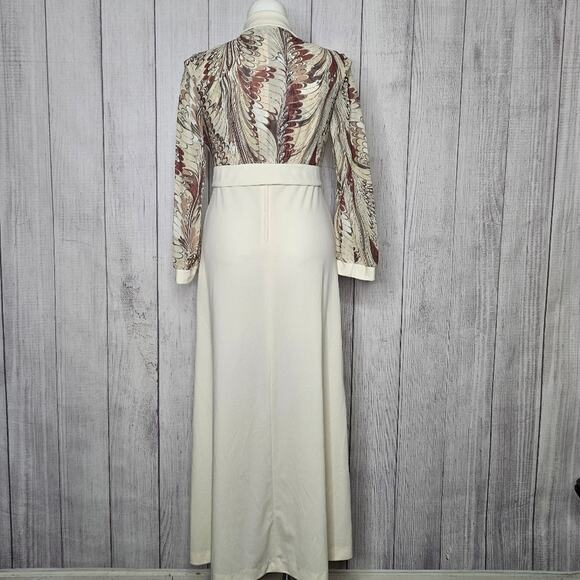 VTG 60s 70s Two Piece Earth Tone Marbled & Cream Maxi Dress & Jacket - Picture 4 of 9